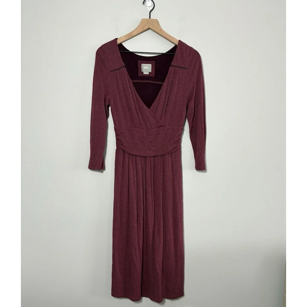 Maeve Anthropologie Galena Dress Women Small Burgundy Midi 3/4 Sleeve Boho - Picture 2 of 7